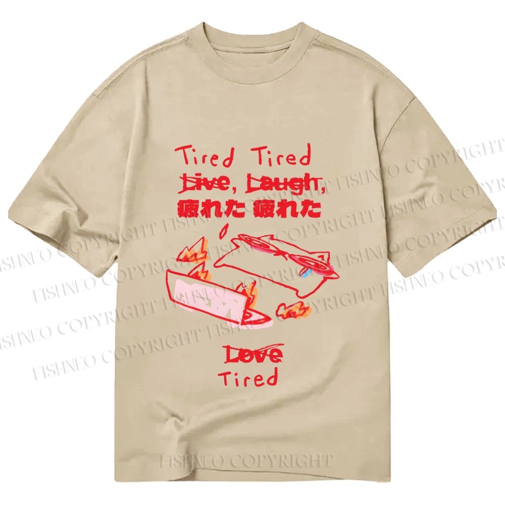 Unisex Classic Cotton Japanese Silly Cat Full of Tired Printed T-shirt