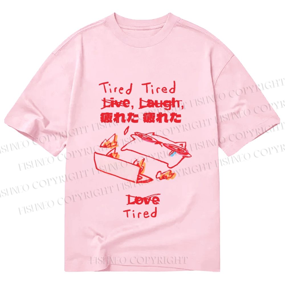 Unisex Classic Cotton Japanese Silly Cat Full of Tired Printed T-shirt
