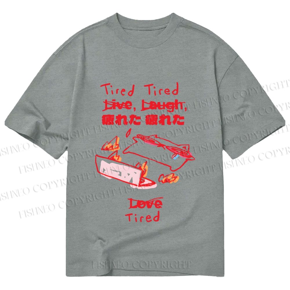 Unisex Classic Cotton Japanese Silly Cat Full of Tired Printed T-shirt