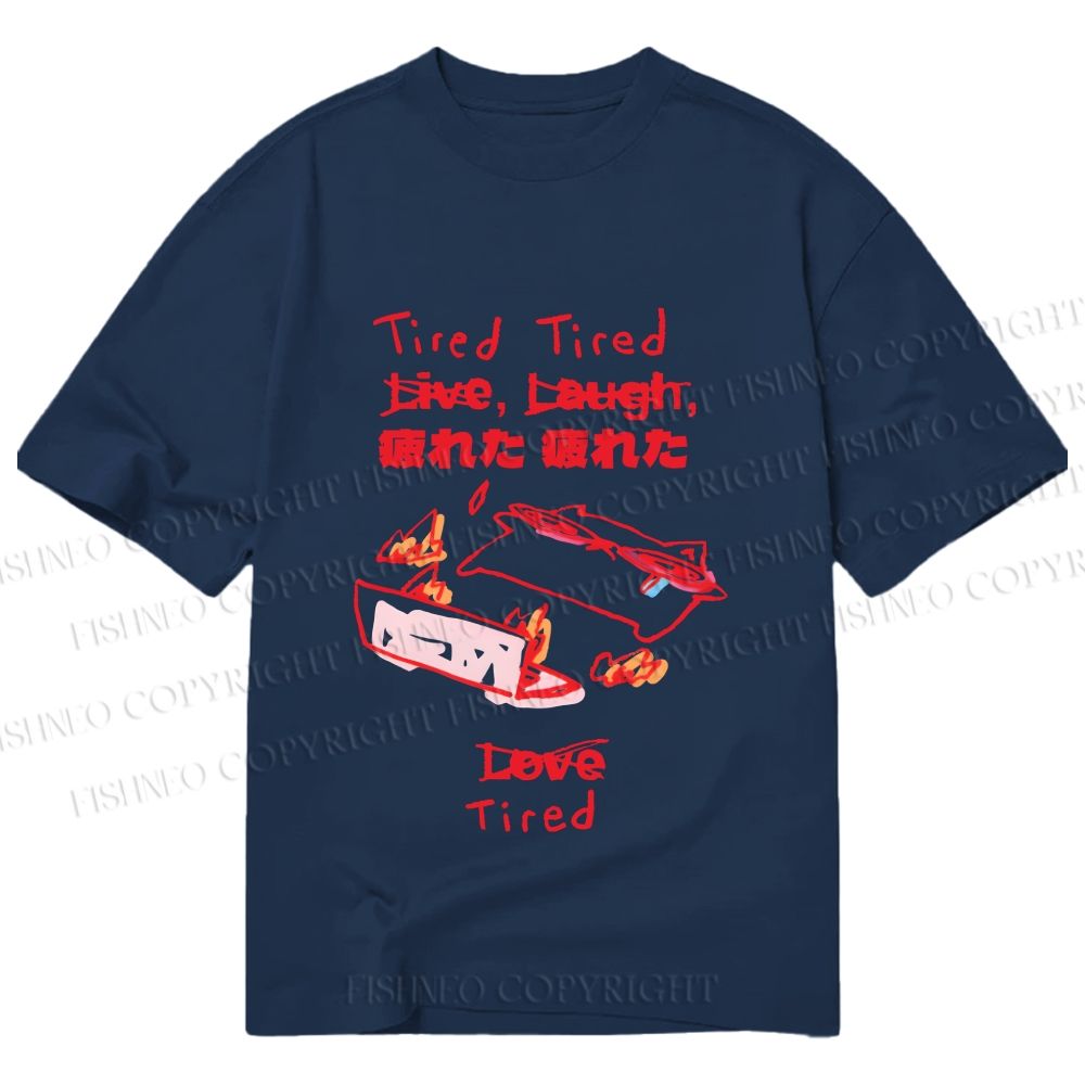 Unisex Classic Cotton Japanese Silly Cat Full of Tired Printed T-shirt