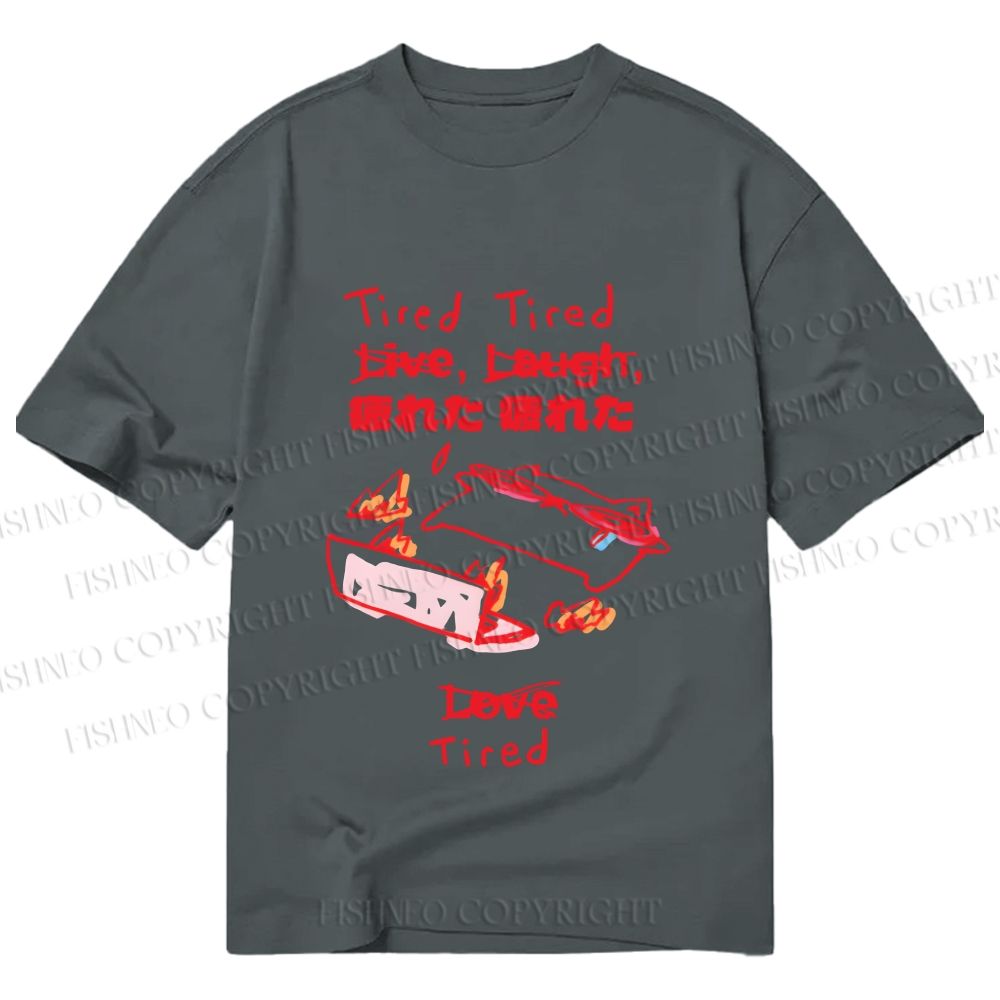 Unisex Classic Cotton Japanese Silly Cat Full of Tired Printed T-shirt