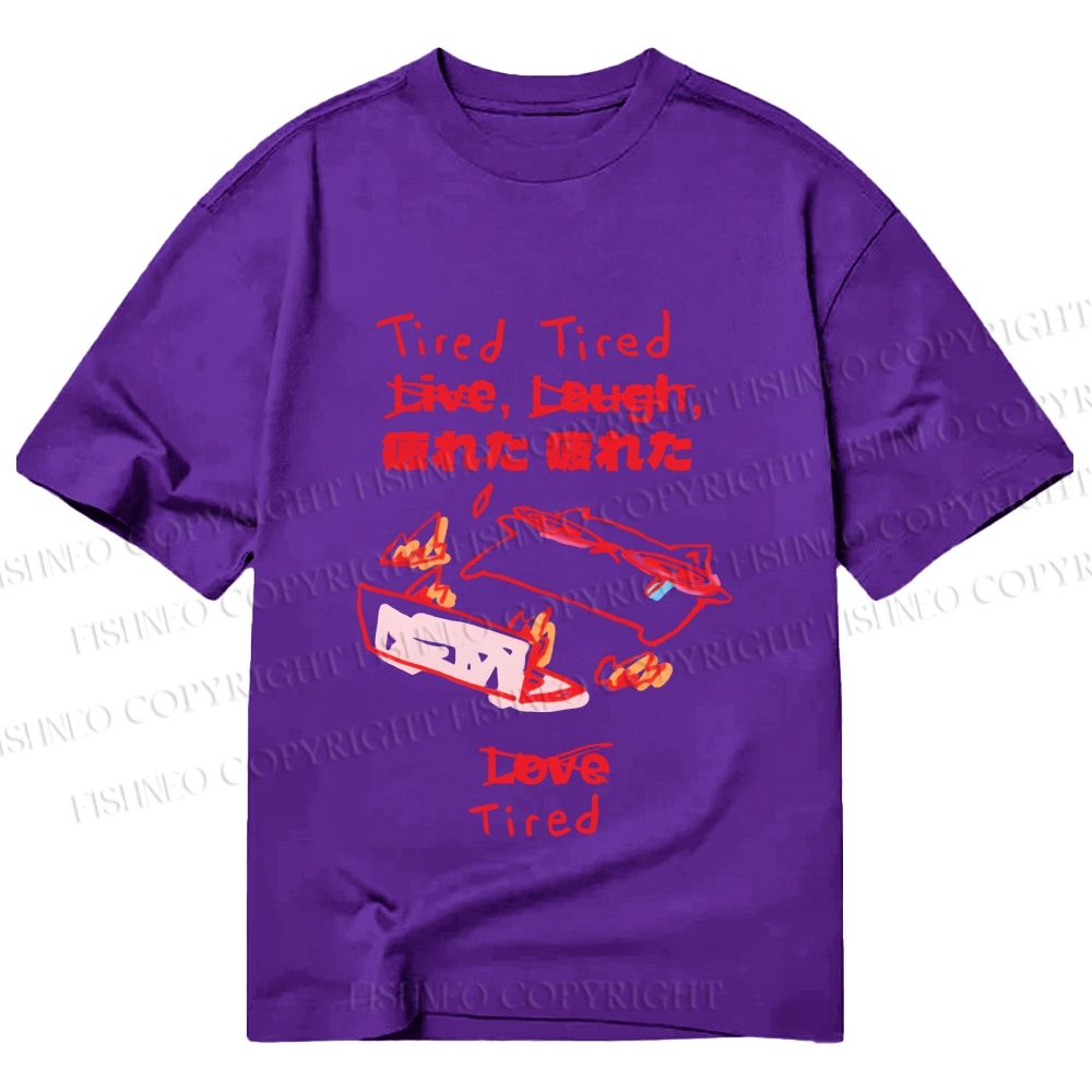 Unisex Classic Cotton Japanese Silly Cat Full of Tired Printed T-shirt
