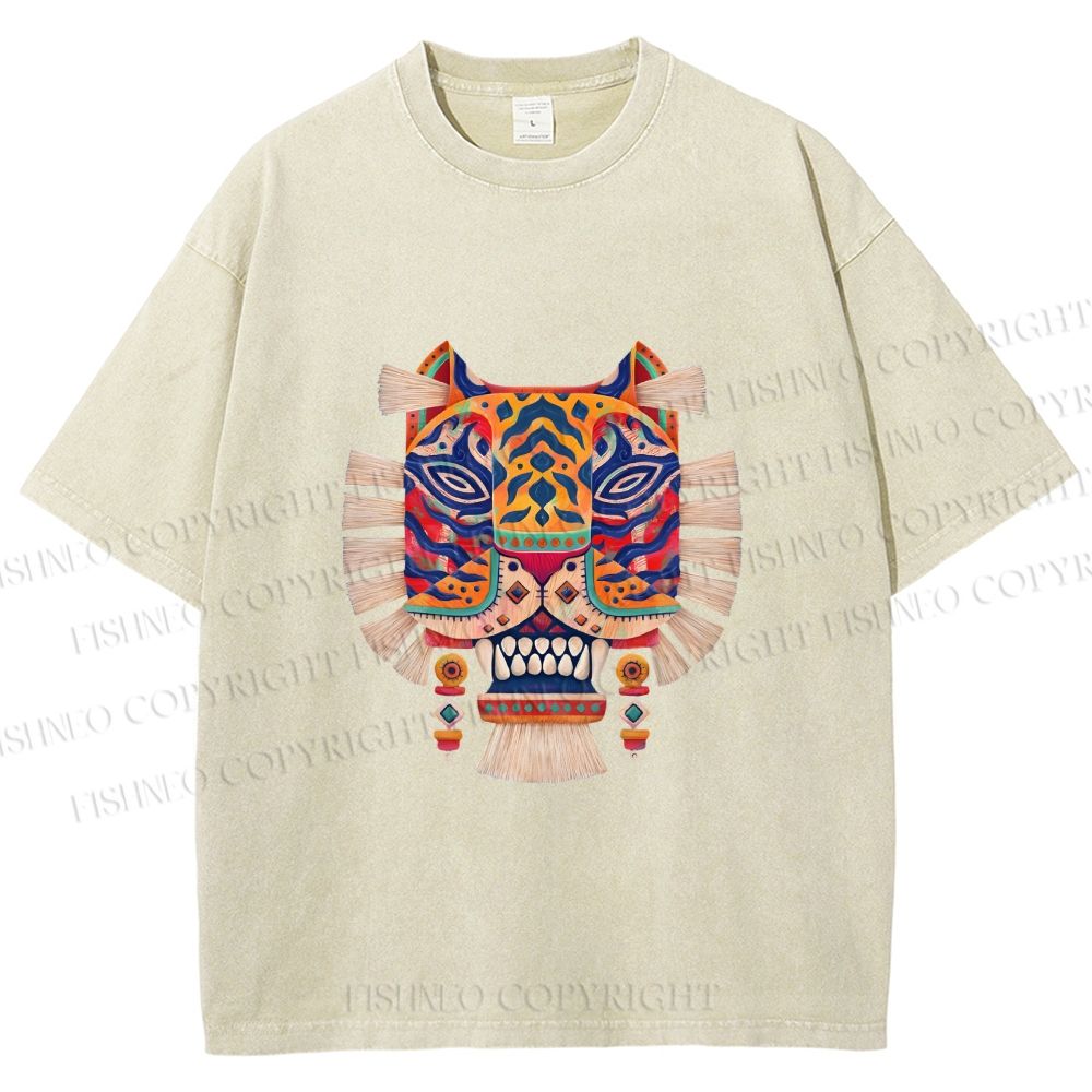 Unisex  Embroidered Ethnic Style Tiger Printed Washed Tee