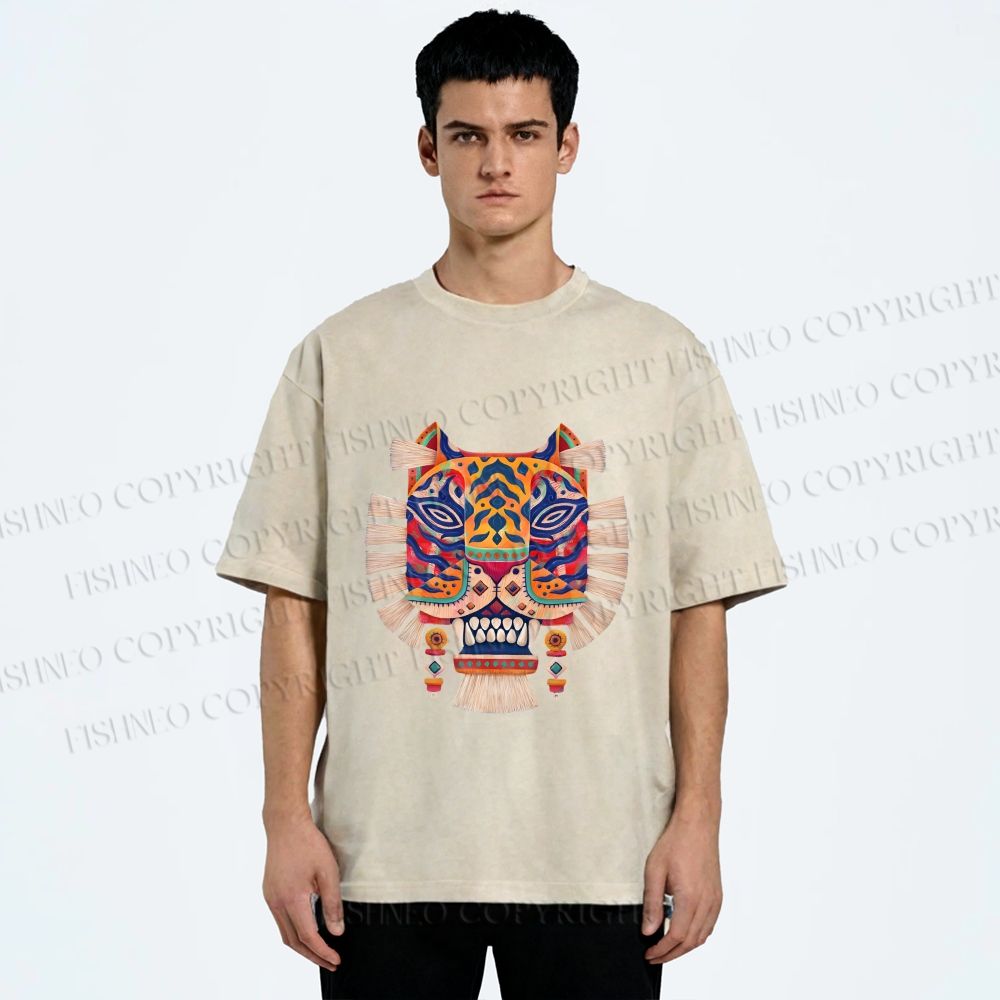 Unisex  Embroidered Ethnic Style Tiger Printed Washed Tee
