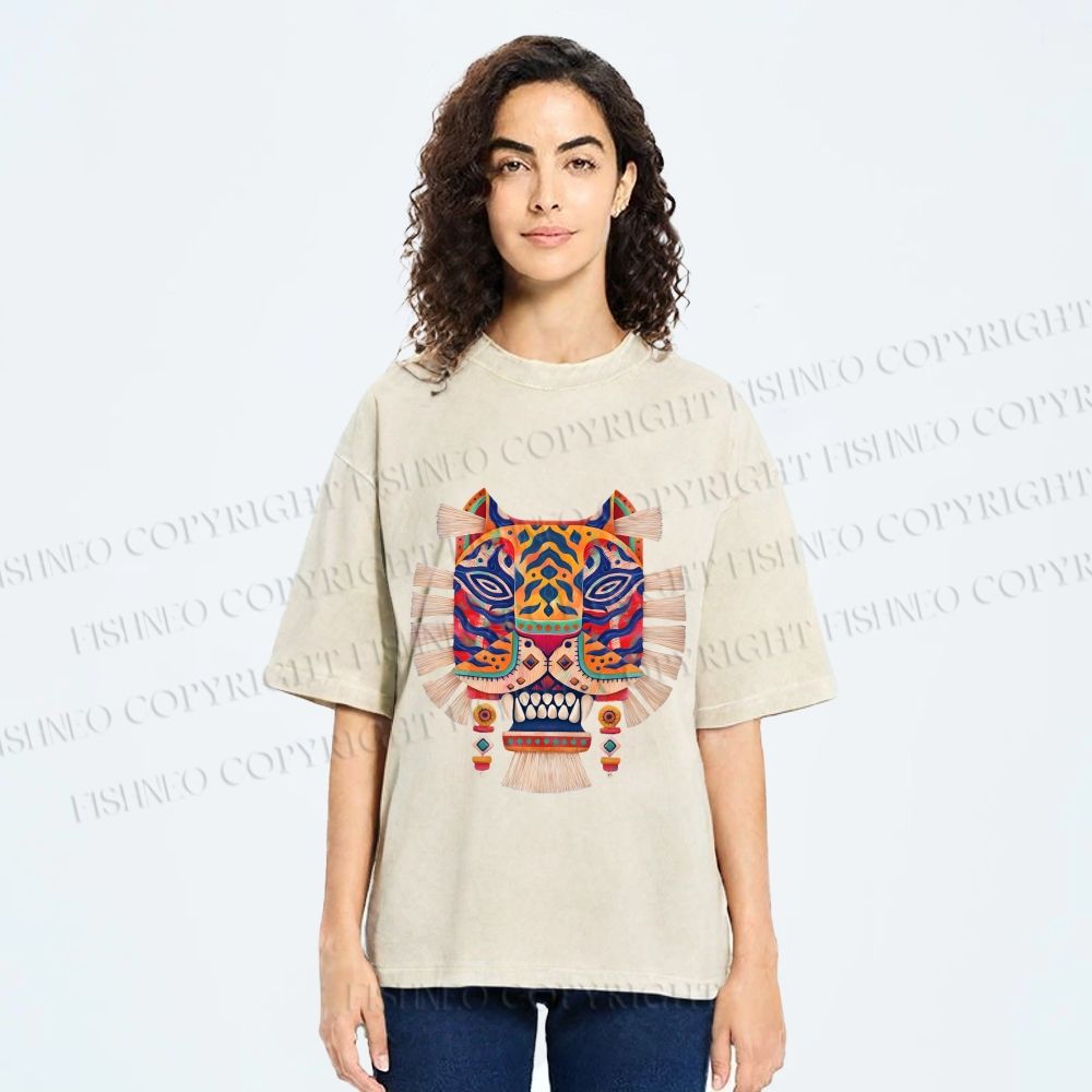 Unisex  Embroidered Ethnic Style Tiger Printed Washed Tee
