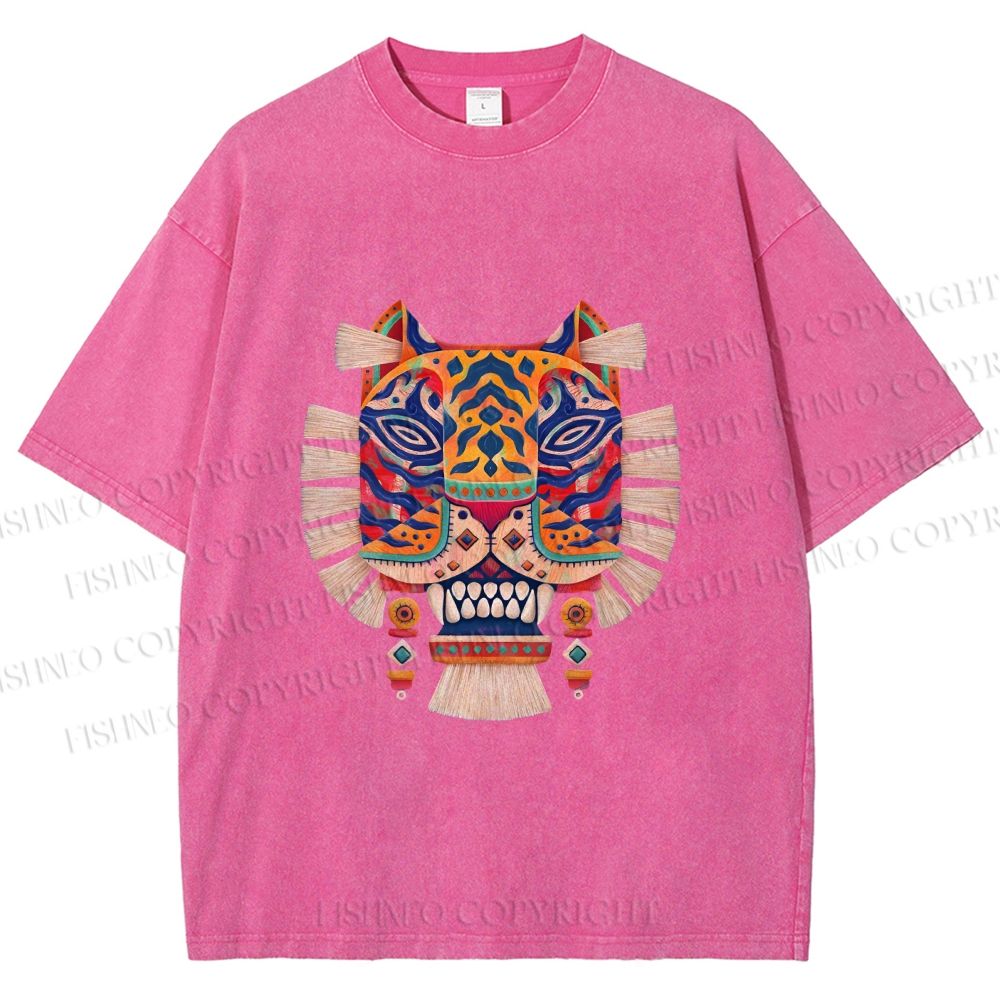 Unisex  Embroidered Ethnic Style Tiger Printed Washed Tee