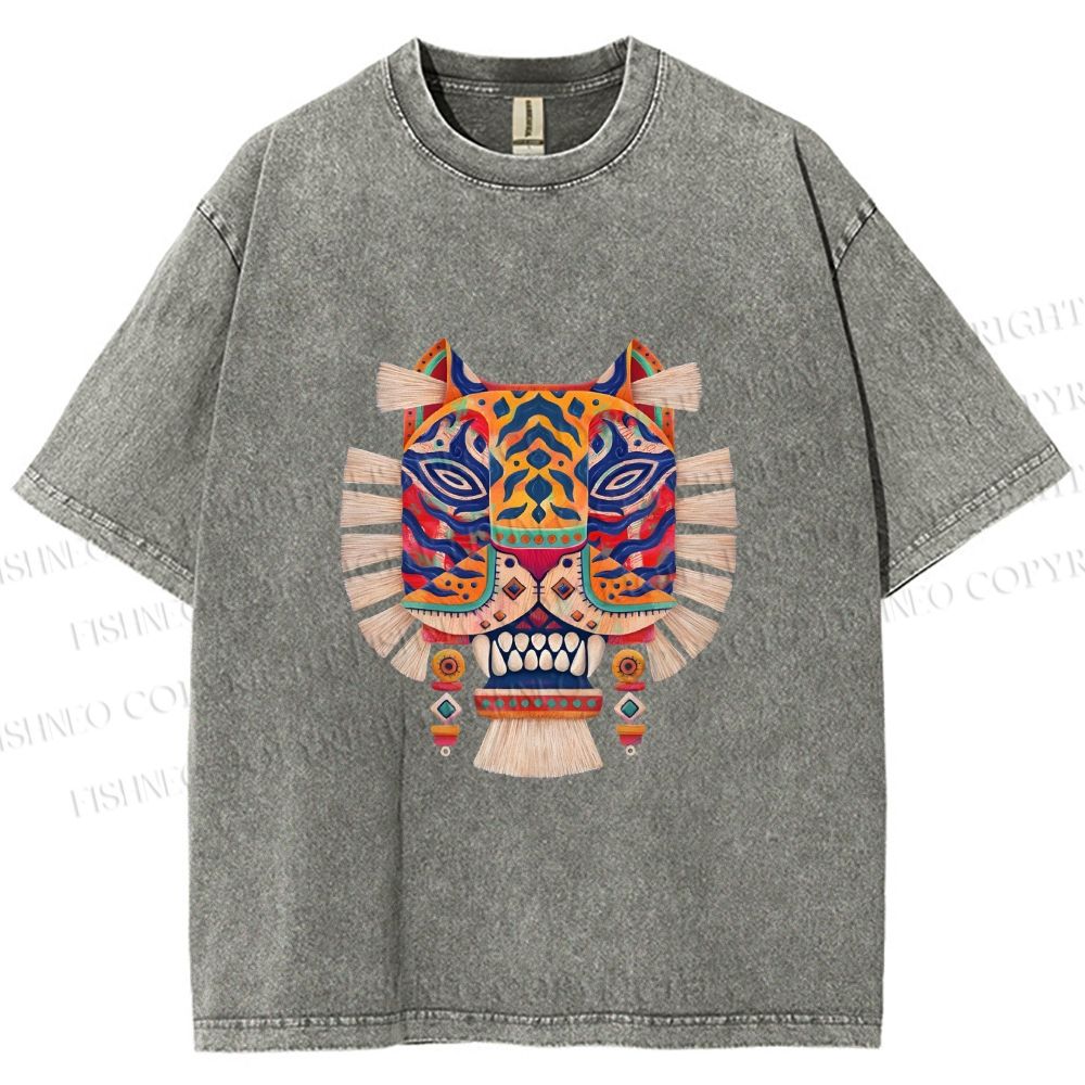 Unisex  Embroidered Ethnic Style Tiger Printed Washed Tee