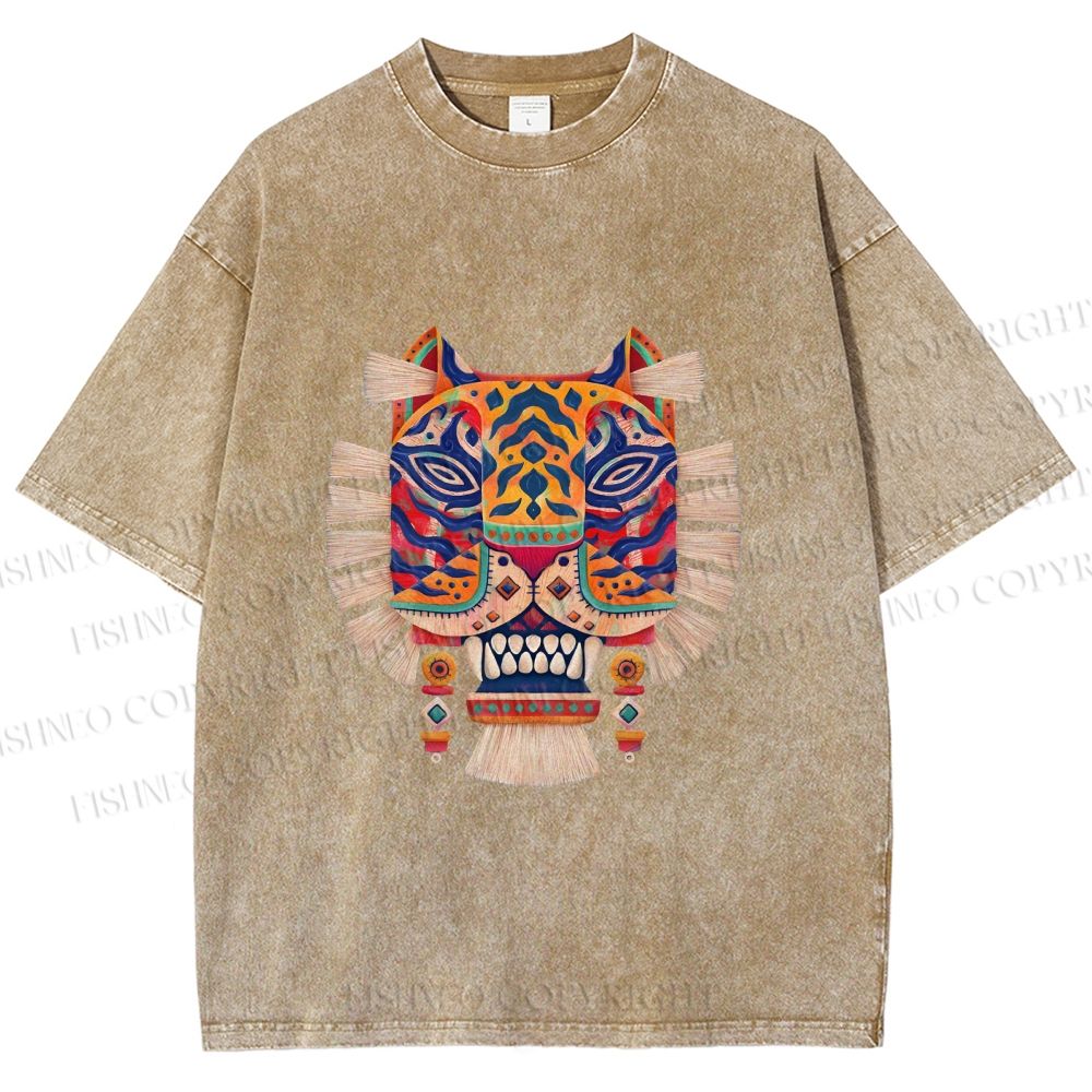 Unisex  Embroidered Ethnic Style Tiger Printed Washed Tee
