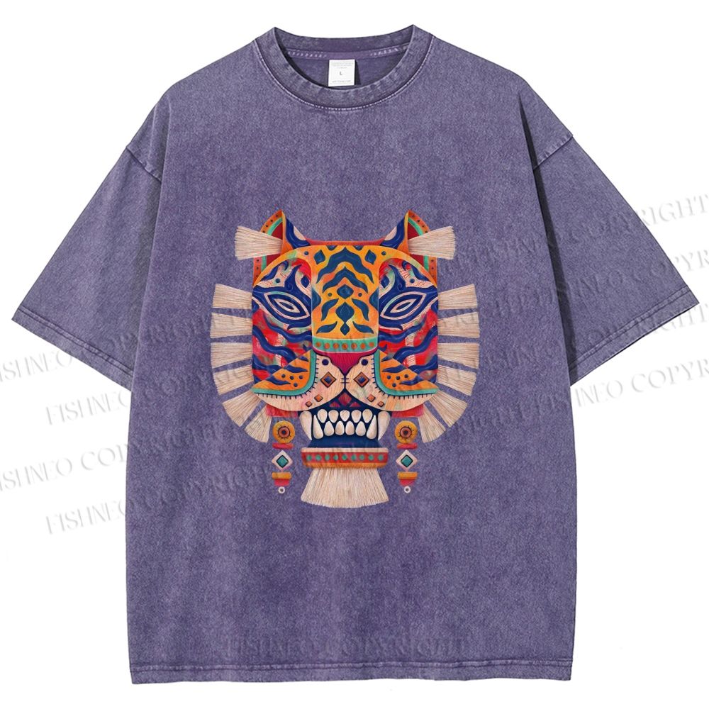 Unisex  Embroidered Ethnic Style Tiger Printed Washed Tee