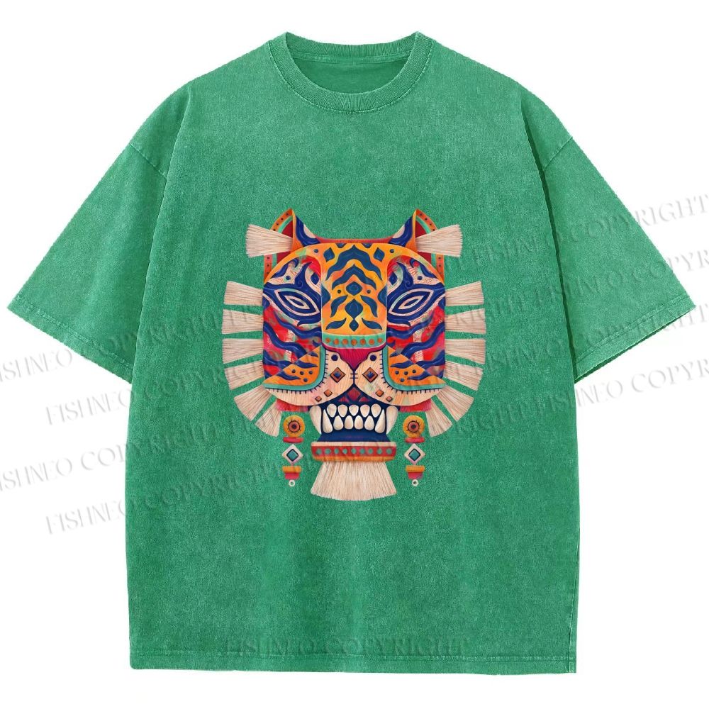 Unisex  Embroidered Ethnic Style Tiger Printed Washed Tee