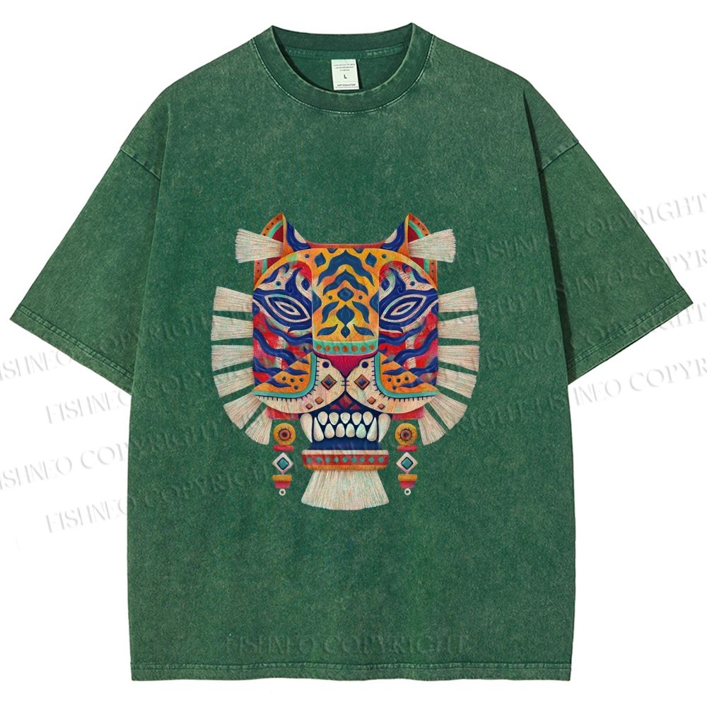 Unisex  Embroidered Ethnic Style Tiger Printed Washed Tee