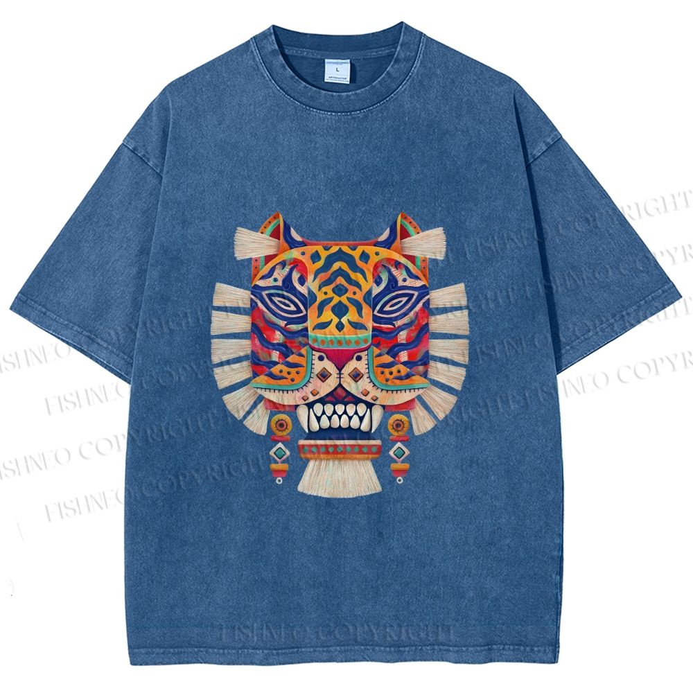 Unisex  Embroidered Ethnic Style Tiger Printed Washed Tee