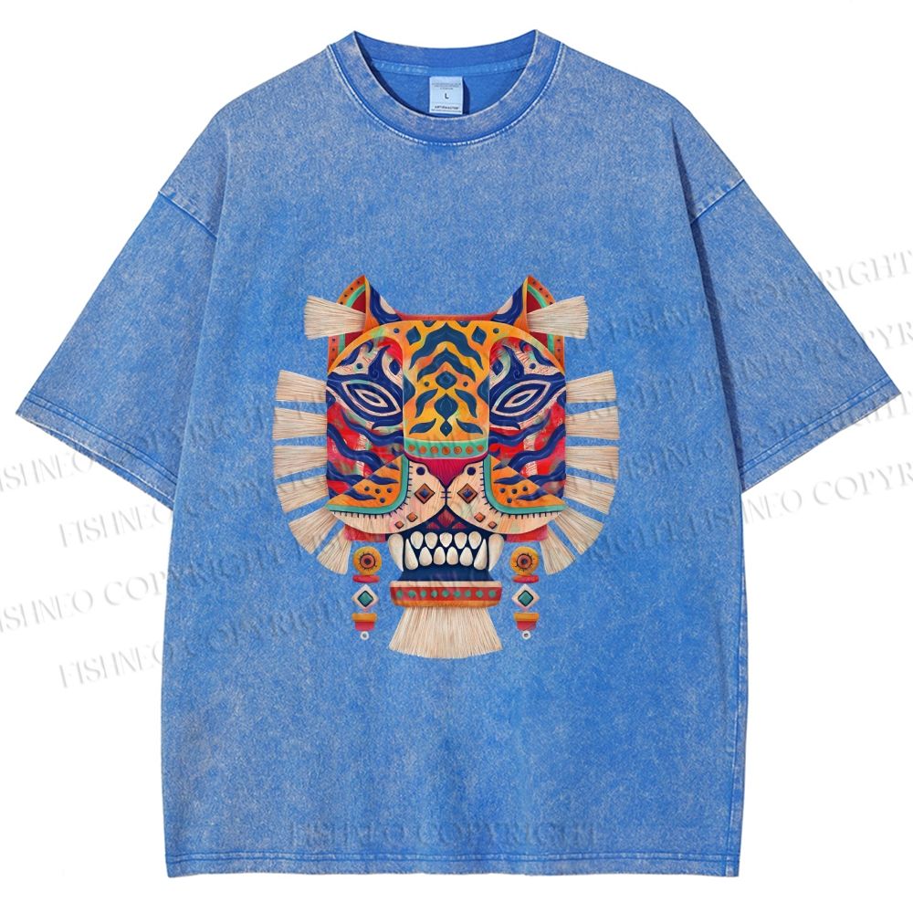 Unisex  Embroidered Ethnic Style Tiger Printed Washed Tee