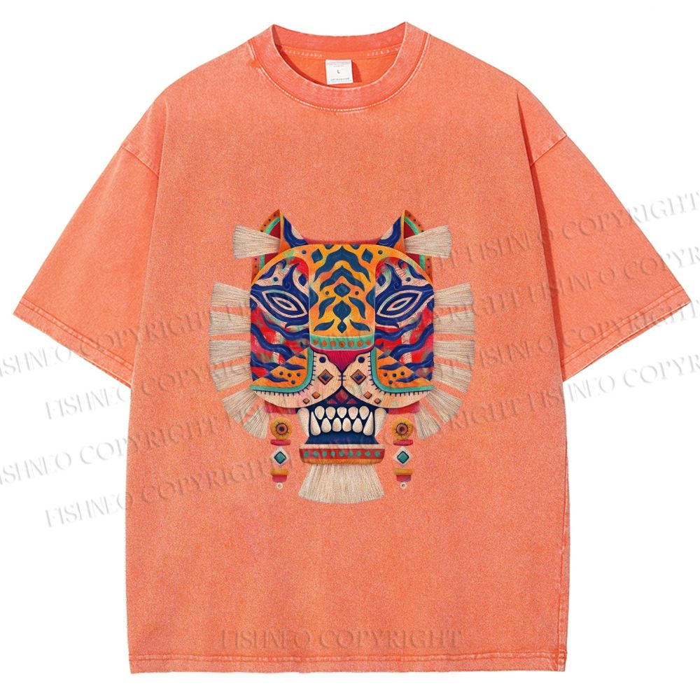 Unisex  Embroidered Ethnic Style Tiger Printed Washed Tee