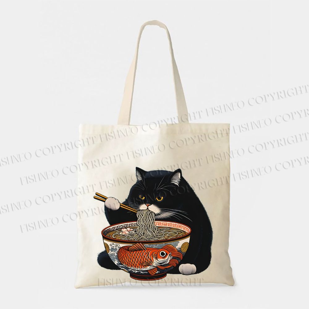 Black Fat Cat Eating Ramen Tote Bag