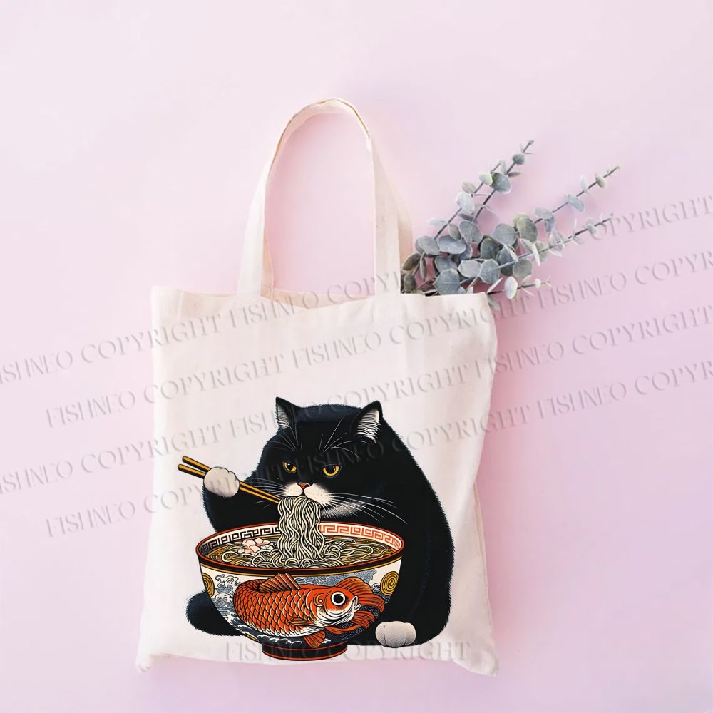 Black Fat Cat Eating Ramen Tote Bag