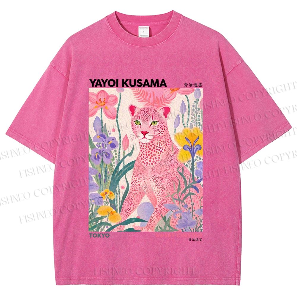Unisex Yayoi Kusama Pink Cheetah Printed Washed Tee