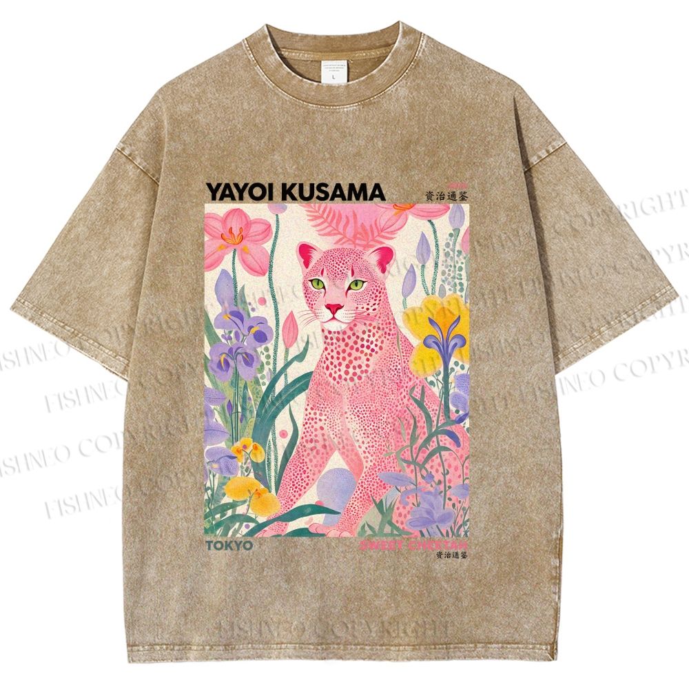 Unisex Yayoi Kusama Pink Cheetah Printed Washed Tee
