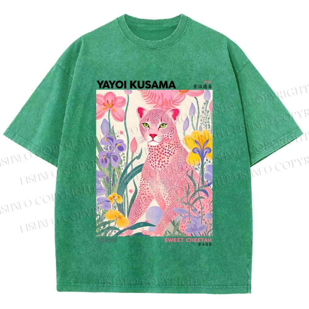 Unisex Yayoi Kusama Pink Cheetah Printed Washed Tee