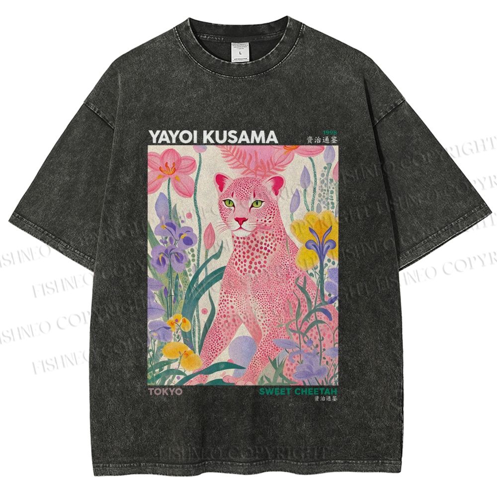 Unisex Yayoi Kusama Pink Cheetah Printed Washed Tee