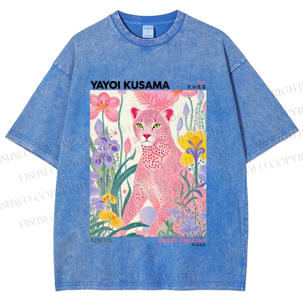 Unisex Yayoi Kusama Pink Cheetah Printed Washed Tee