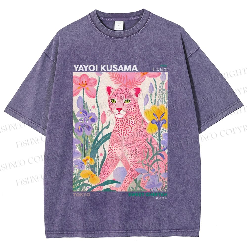 Unisex Yayoi Kusama Pink Cheetah Printed Washed Tee