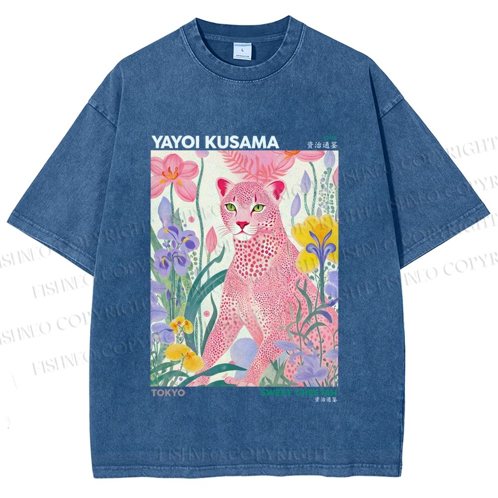 Unisex Yayoi Kusama Pink Cheetah Printed Washed Tee