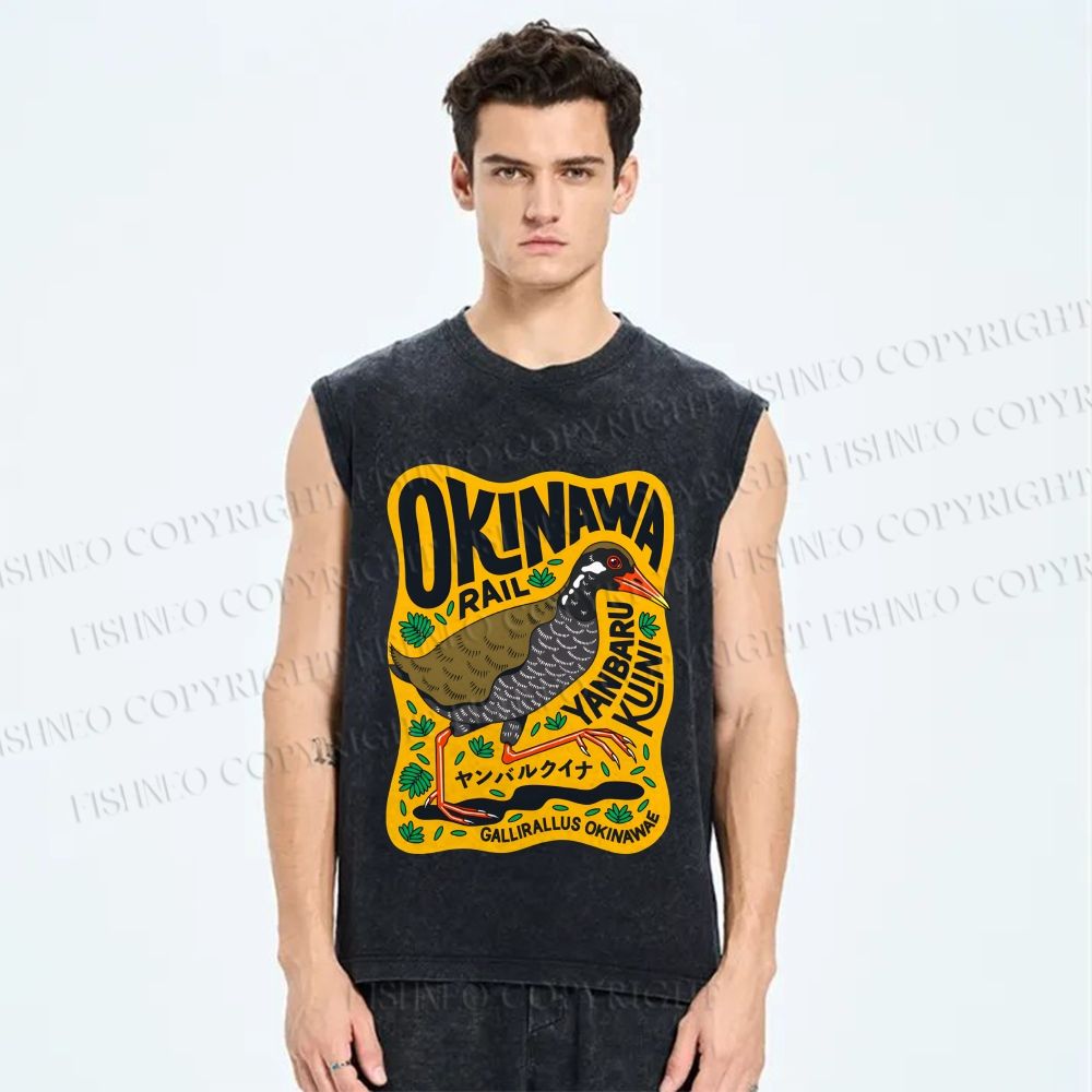 Unisex Okinawa Bird Printed Washed Tank Top