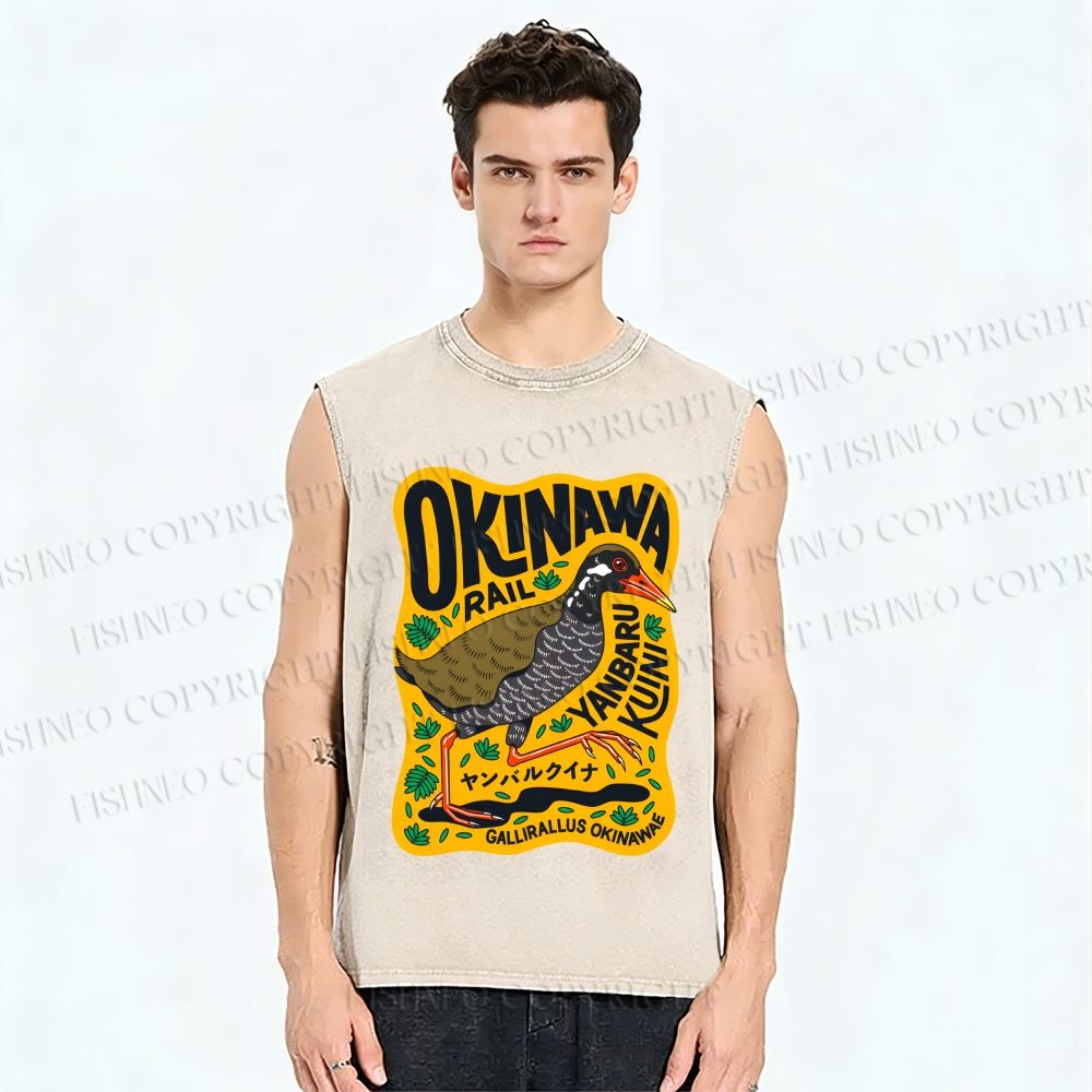 Unisex Okinawa Bird Printed Washed Tank Top