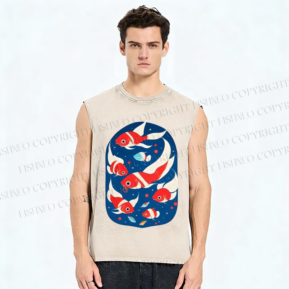 Unisex Fish in Water Printed Washed Tank Top