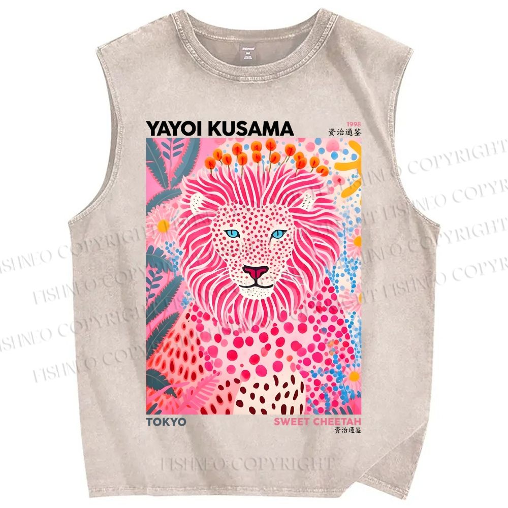 Unisex Yayoi Kusama Pink Lion Printed Washed Tank Top