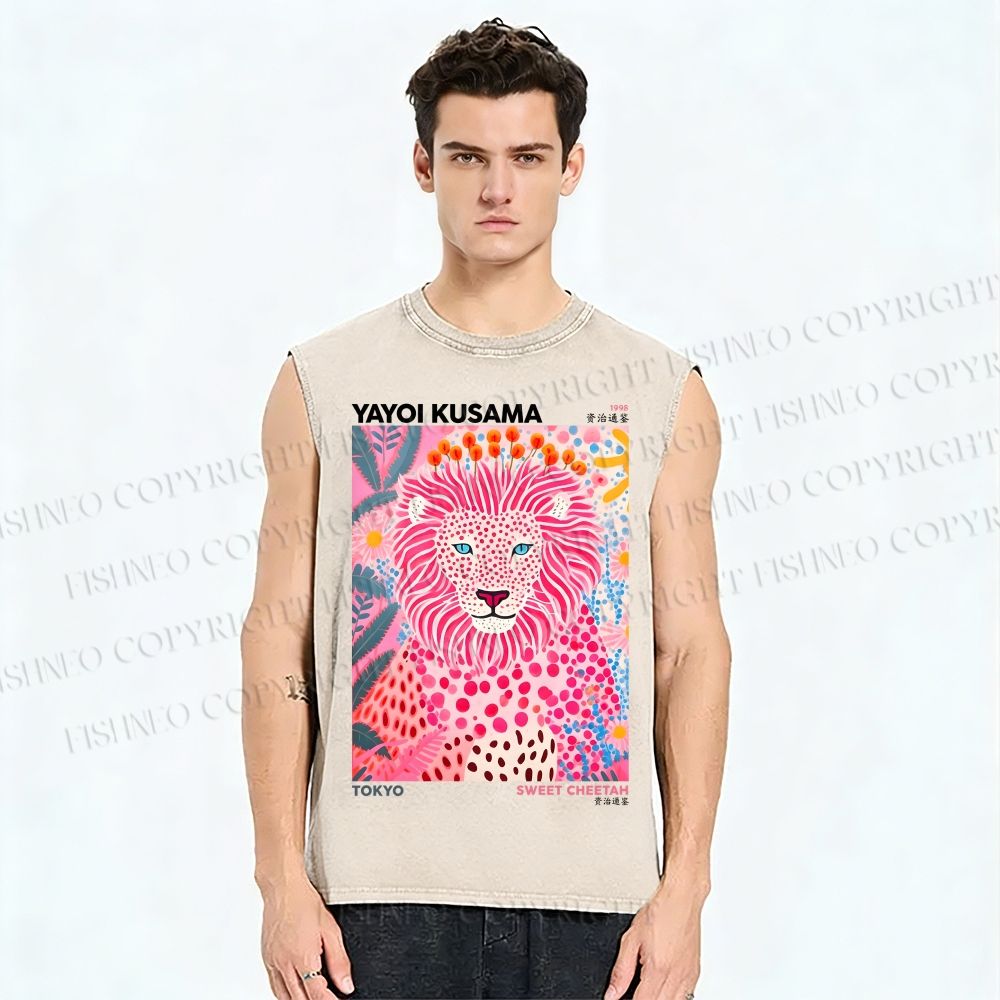 Unisex Yayoi Kusama Pink Lion Printed Washed Tank Top