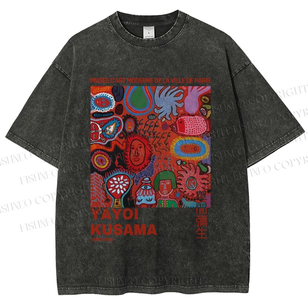 Unisex Yayoi Kusama Art Graffiti Printed Washed Tee
