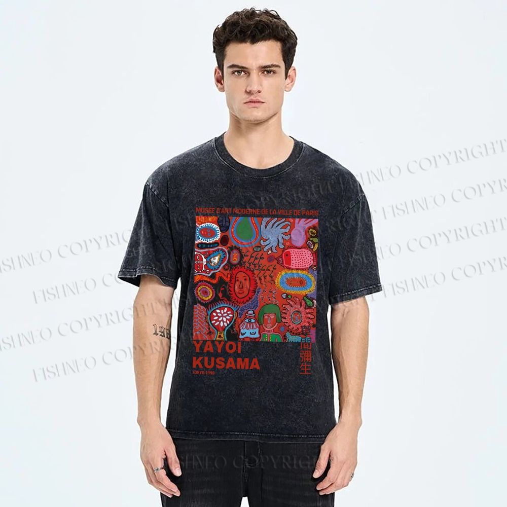 Unisex Yayoi Kusama Art Graffiti Printed Washed Tee