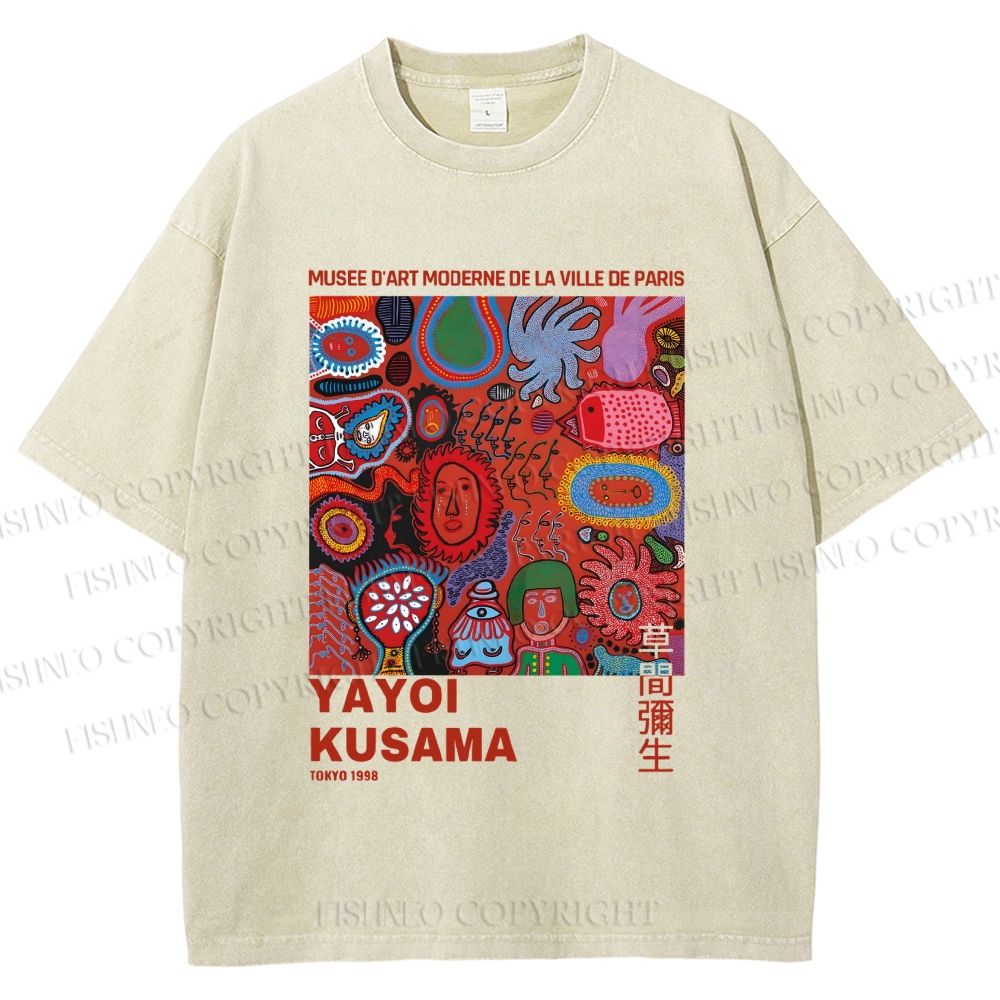 Unisex Yayoi Kusama Art Graffiti Printed Washed Tee