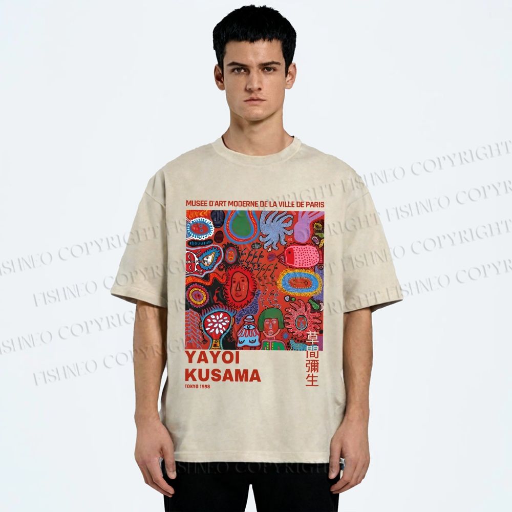 Unisex Yayoi Kusama Art Graffiti Printed Washed Tee