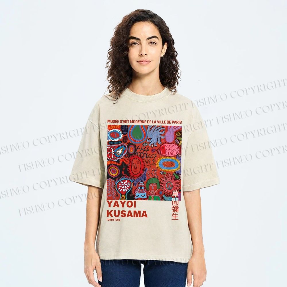 Unisex Yayoi Kusama Art Graffiti Printed Washed Tee