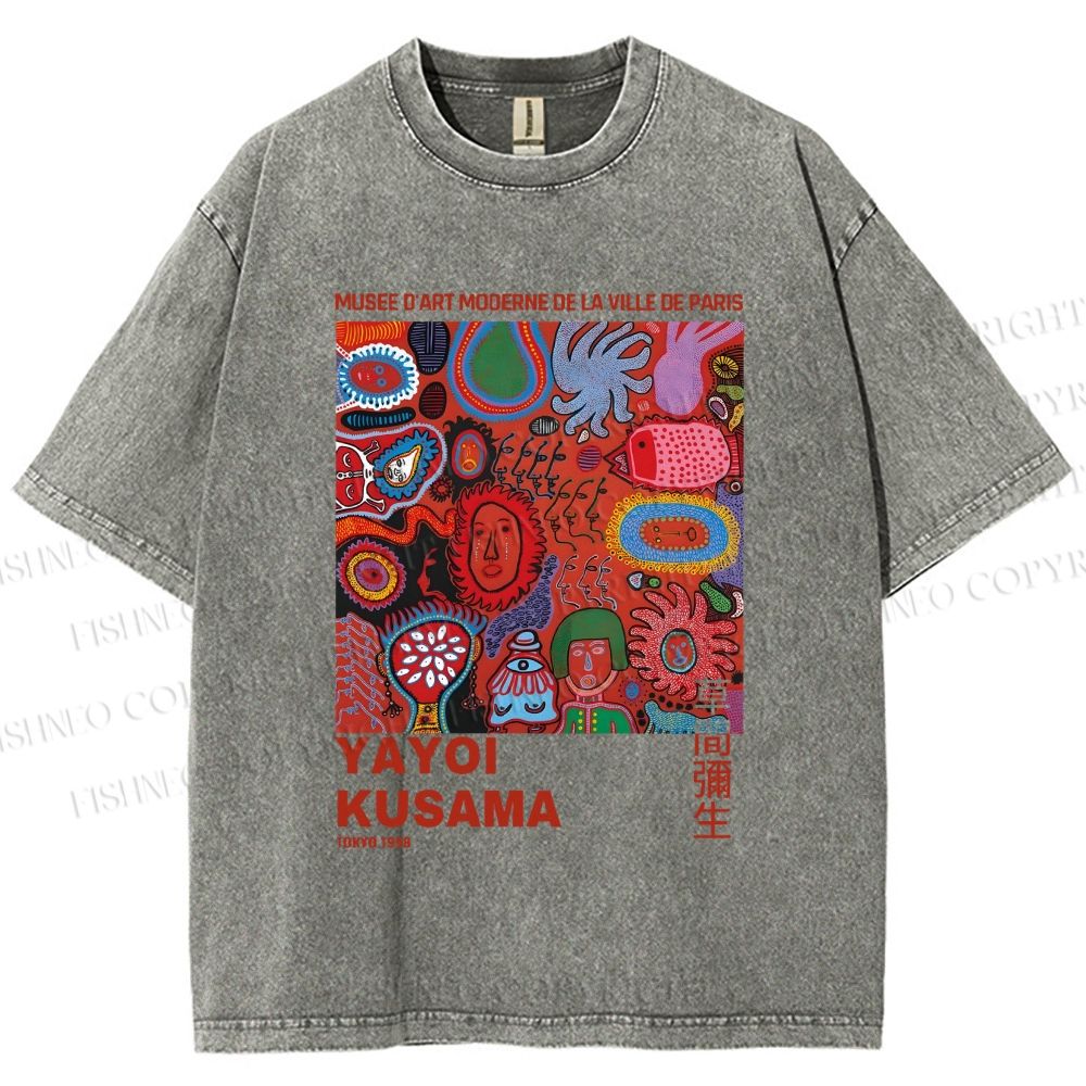 Unisex Yayoi Kusama Art Graffiti Printed Washed Tee