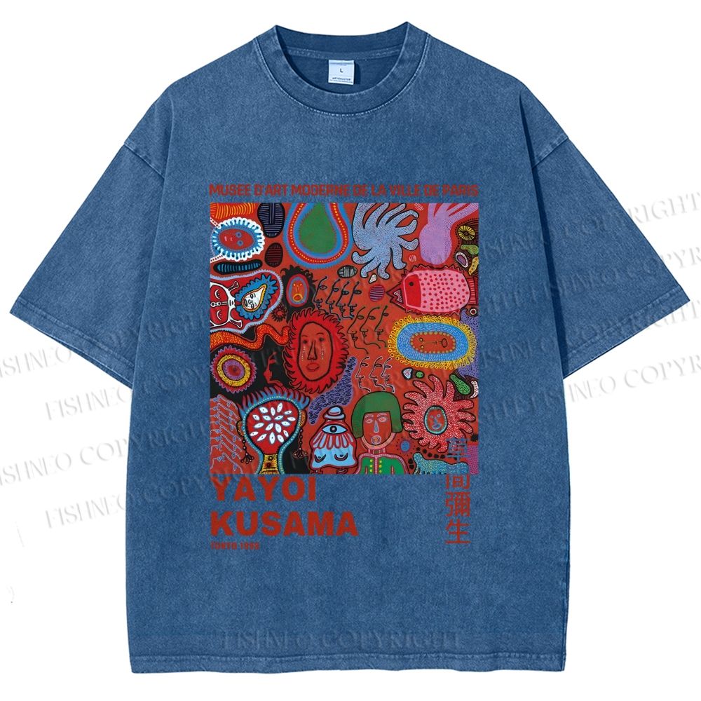 Unisex Yayoi Kusama Art Graffiti Printed Washed Tee
