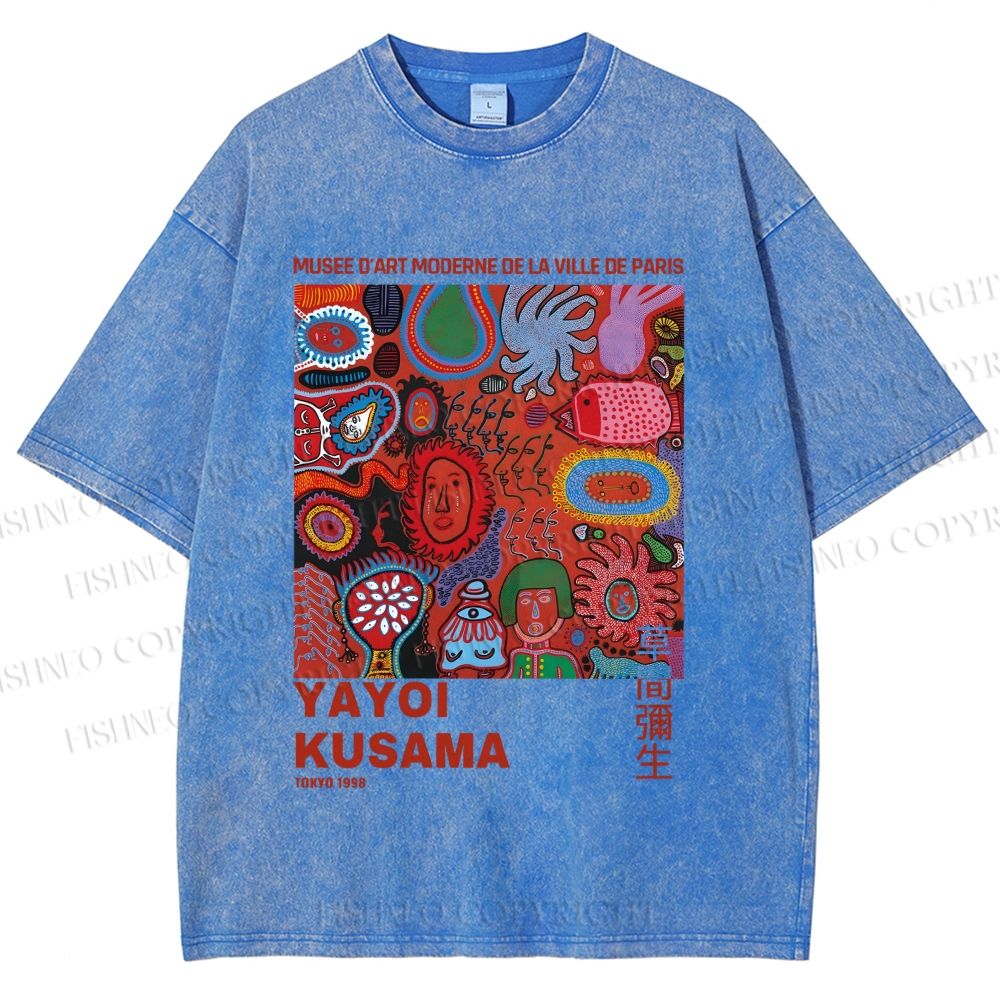 Unisex Yayoi Kusama Art Graffiti Printed Washed Tee