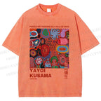 Unisex Yayoi Kusama Art Graffiti Printed Washed Tee