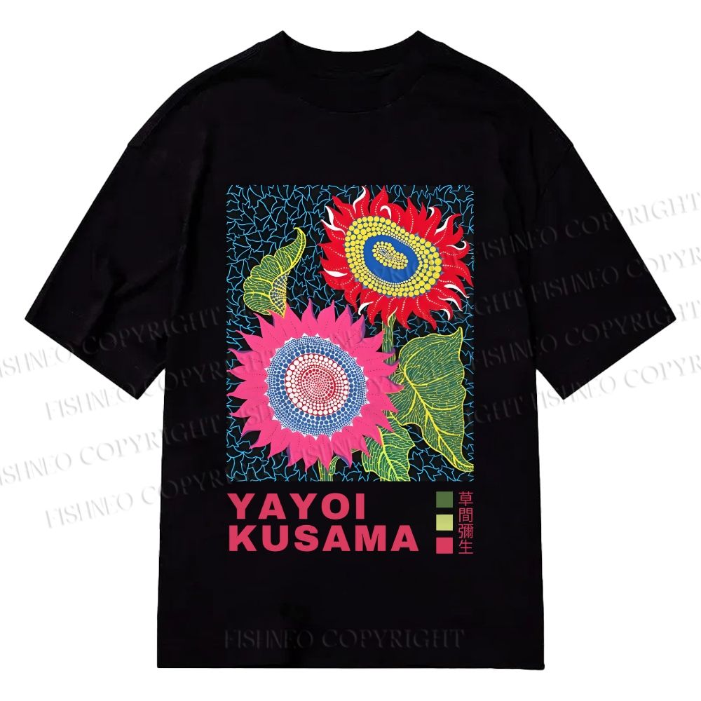 Unisex Classic Cotton Yayoi Kusama Sunflowers Pink and Red Printed T-shirt