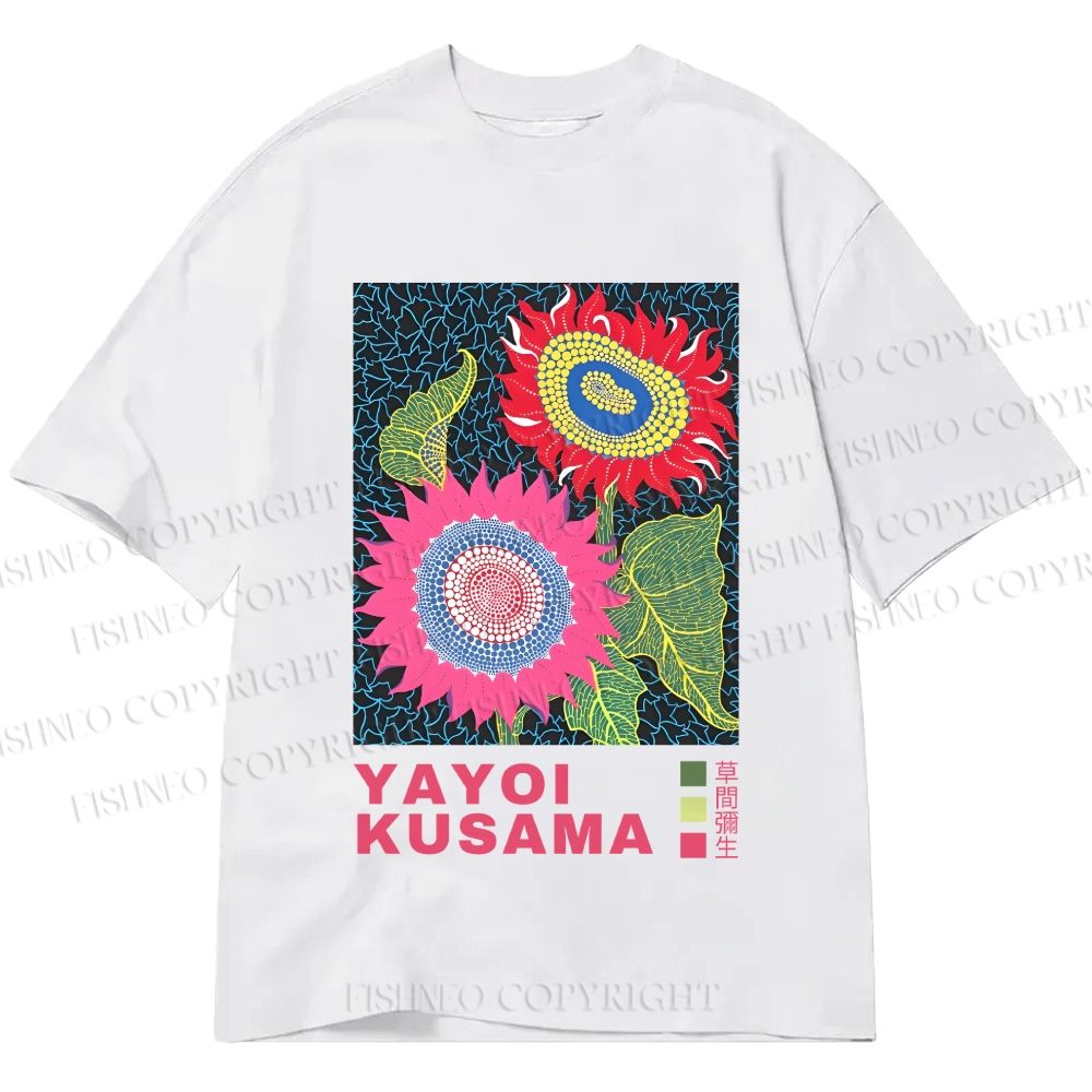 Unisex Classic Cotton Yayoi Kusama Sunflowers Pink and Red Printed T-shirt