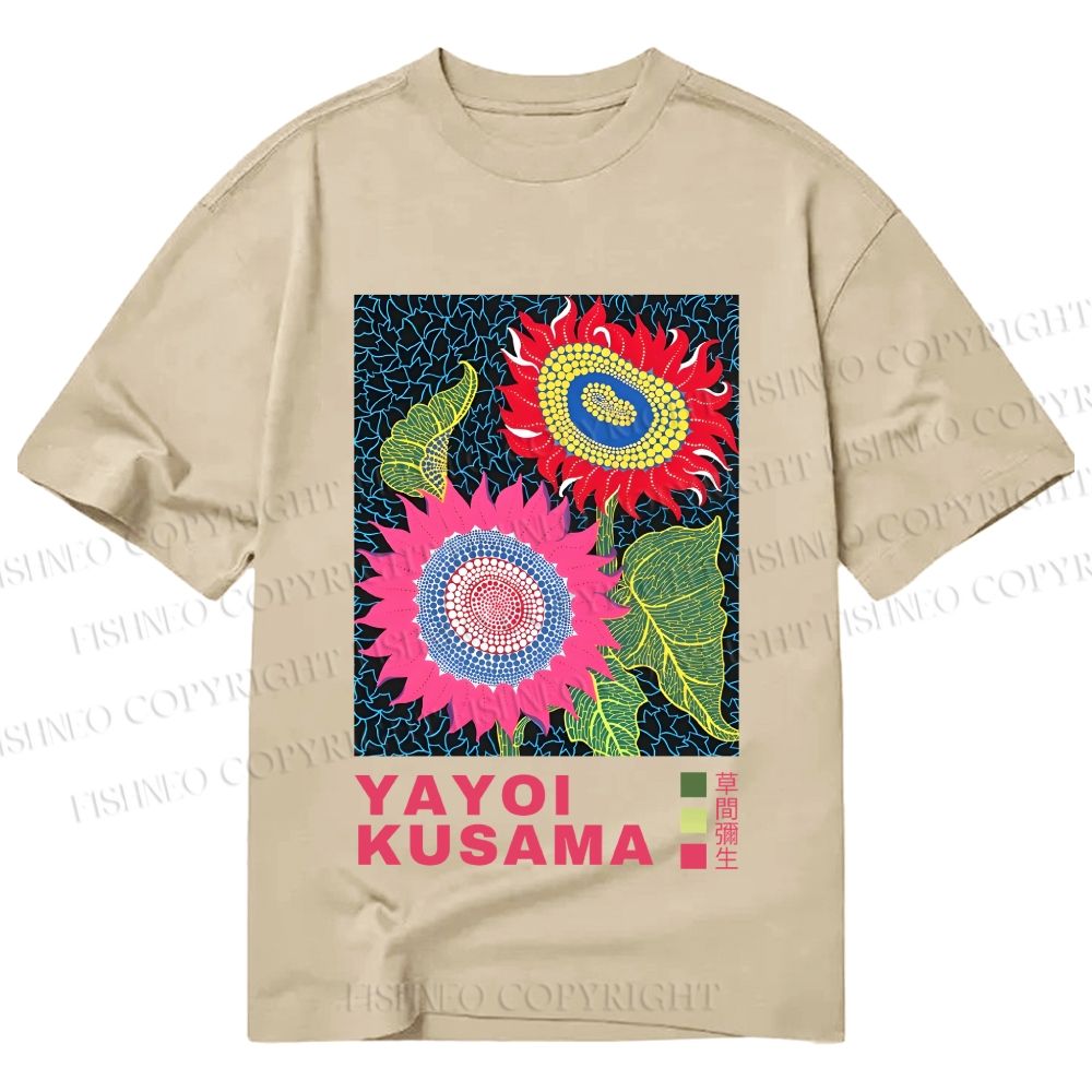 Unisex Classic Cotton Yayoi Kusama Sunflowers Pink and Red Printed T-shirt