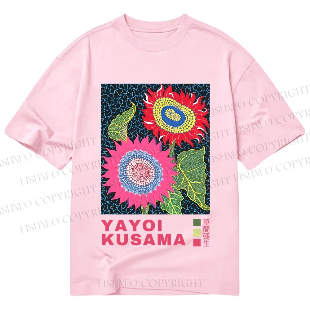 Unisex Classic Cotton Yayoi Kusama Sunflowers Pink and Red Printed T-shirt