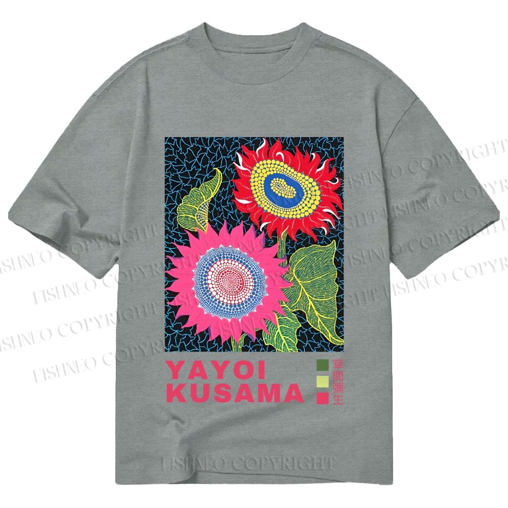 Unisex Classic Cotton Yayoi Kusama Sunflowers Pink and Red Printed T-shirt