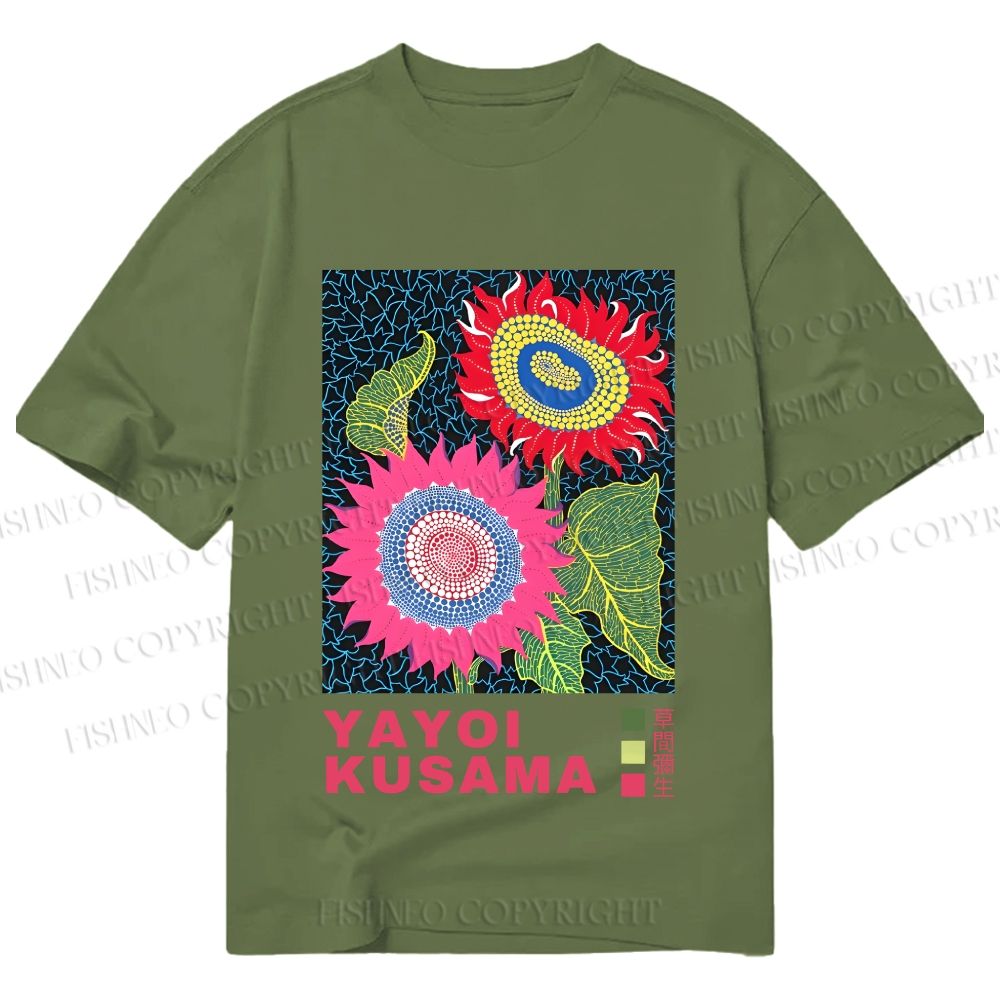 Unisex Classic Cotton Yayoi Kusama Sunflowers Pink and Red Printed T-shirt