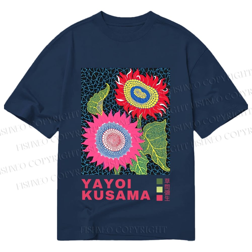 Unisex Classic Cotton Yayoi Kusama Sunflowers Pink and Red Printed T-shirt