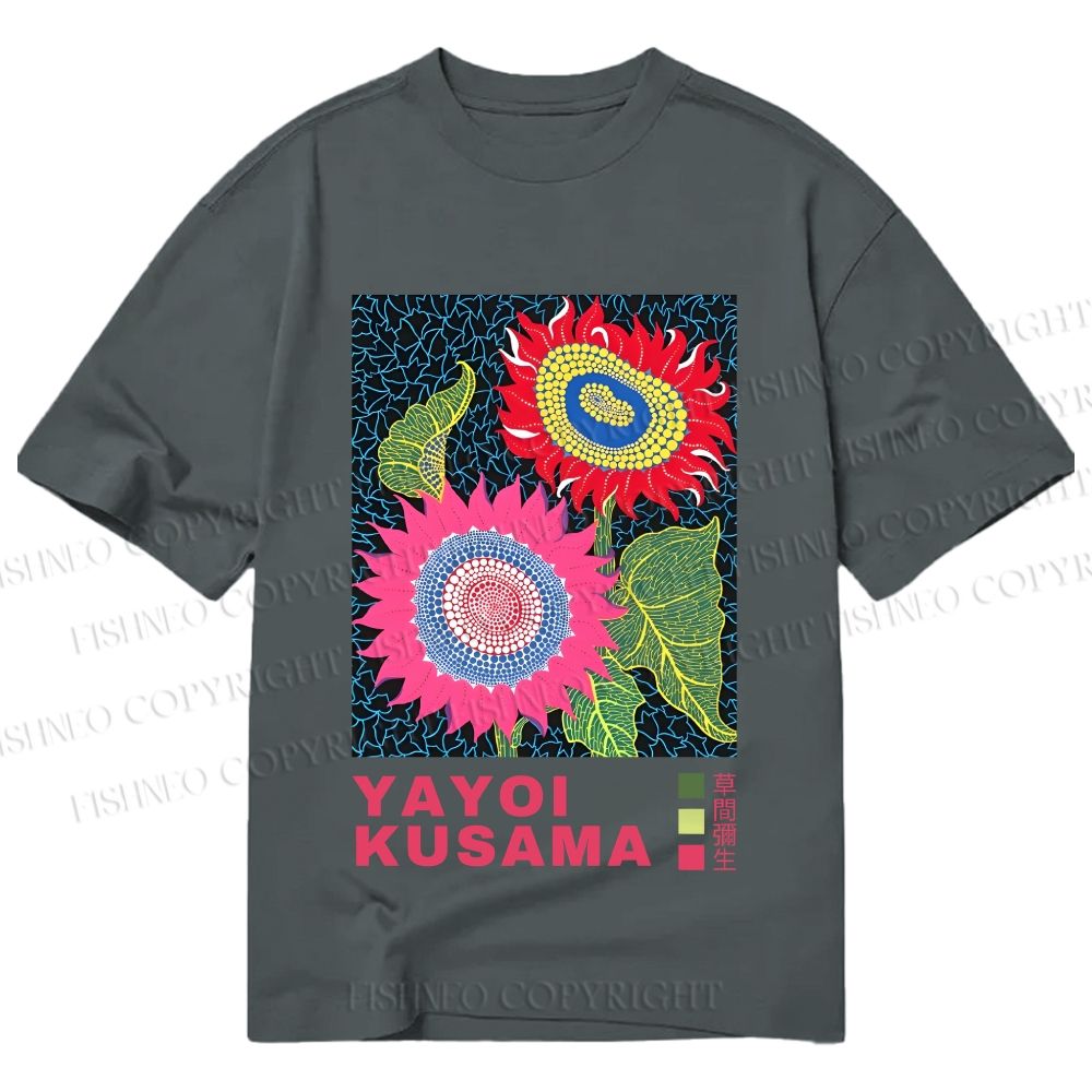 Unisex Classic Cotton Yayoi Kusama Sunflowers Pink and Red Printed T-shirt
