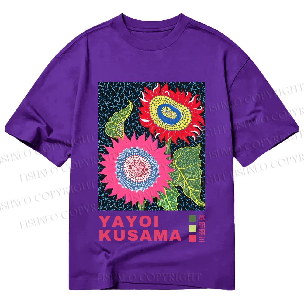 Unisex Classic Cotton Yayoi Kusama Sunflowers Pink and Red Printed T-shirt